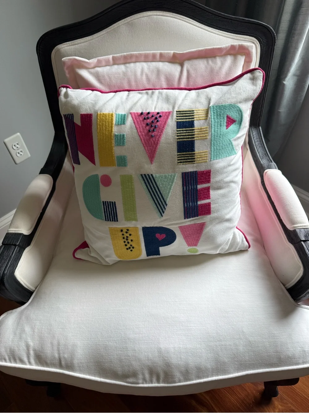 Colorful 'Never Give Up' Embroidered Accent Pillow - Multi